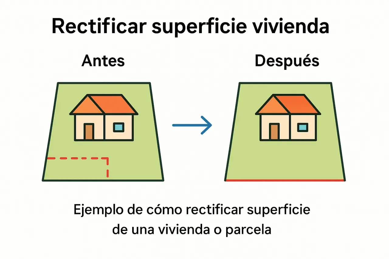 Ilustración muestra cómo rectificar la diferencia de metros entre registro de propiedad y catastro. Antes, la parcela tiene límites imprecisos; después, se ajusta a la realidad.