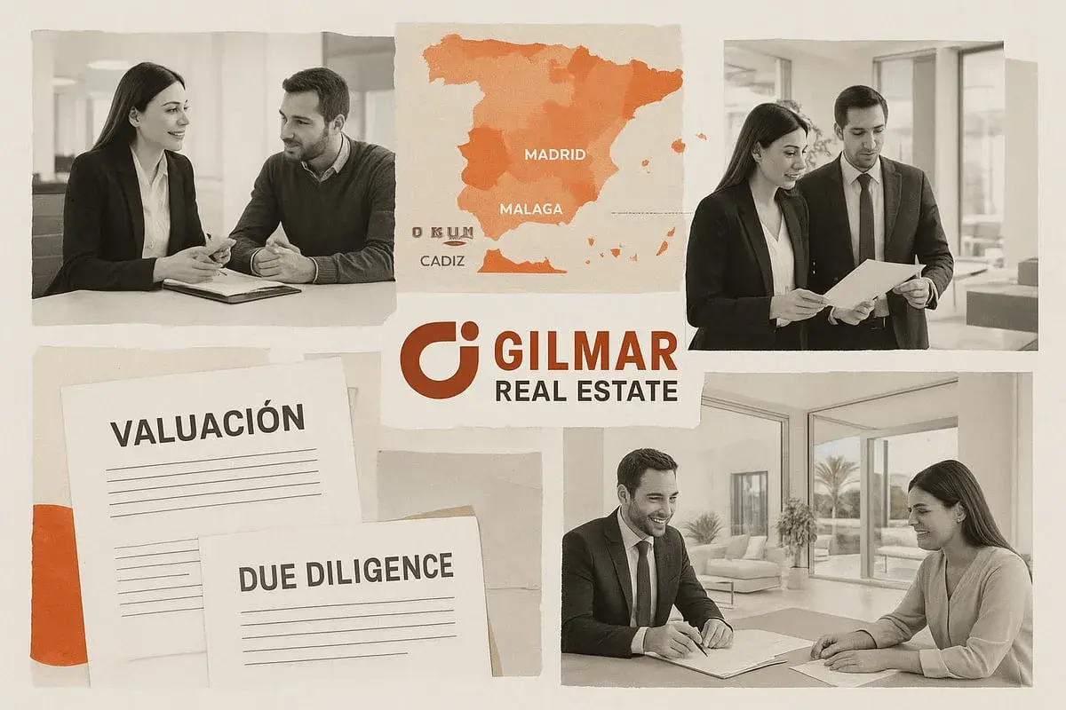 Agentes de Gilmar Real Estate discuten propiedades en España. Documentos de "Valuación" y "Due Diligence" sugieren transacciones.