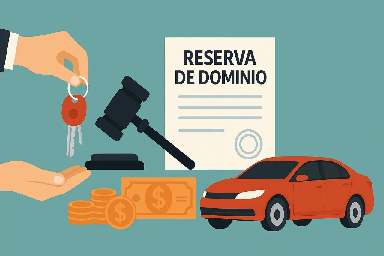 Documento "Reserva de Dominio" junto a un coche, llaves, dinero y mazo de juez.