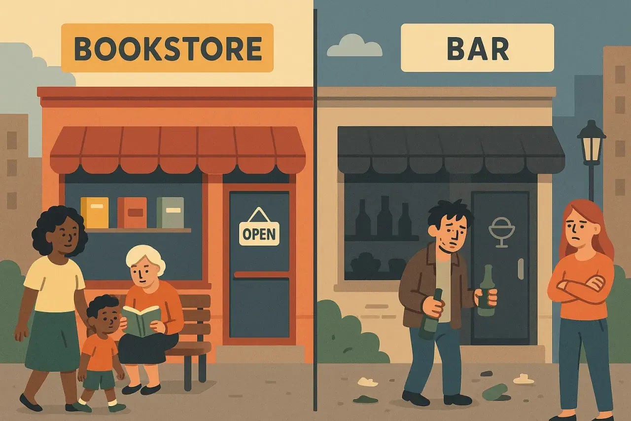 Contraste entre una librería familiar y un bar desolado, mostrando cambios de uso y sus efectos en la comunidad.