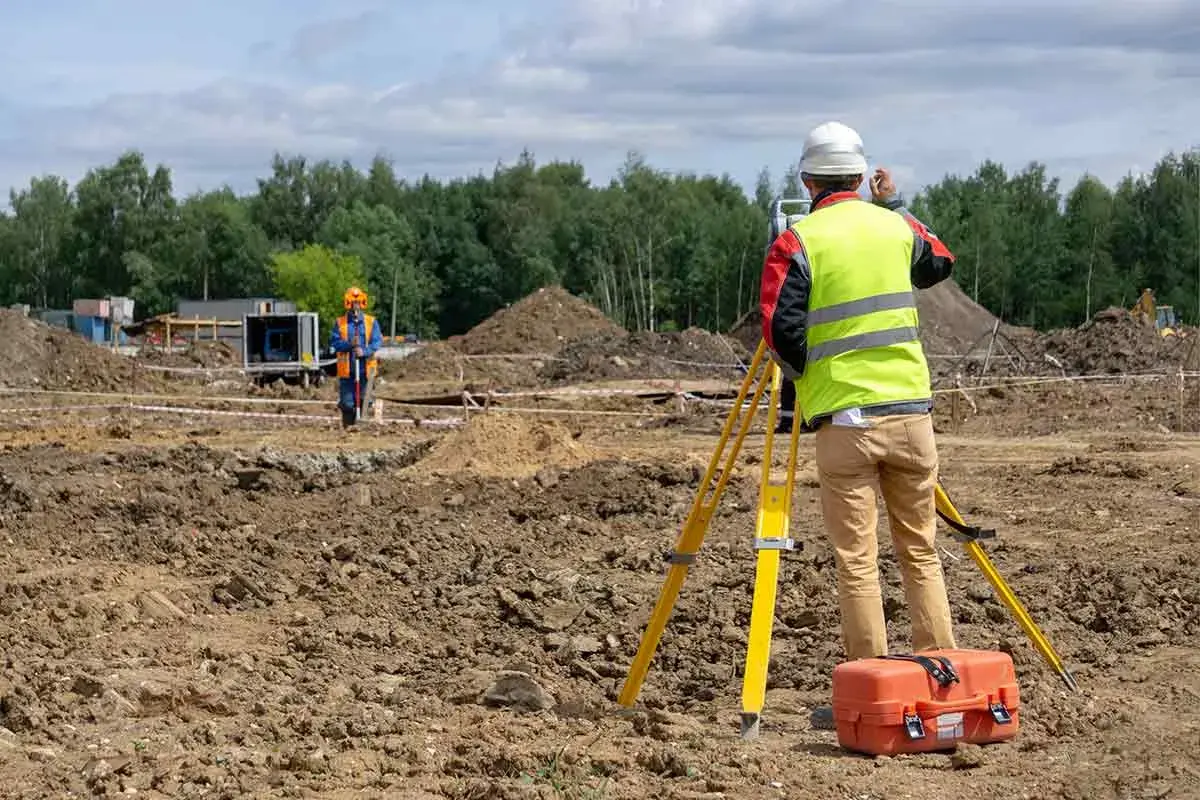 Topógrafo con equipo de levantamiento topográfico en obra. Otro trabajador supervisa el terreno.