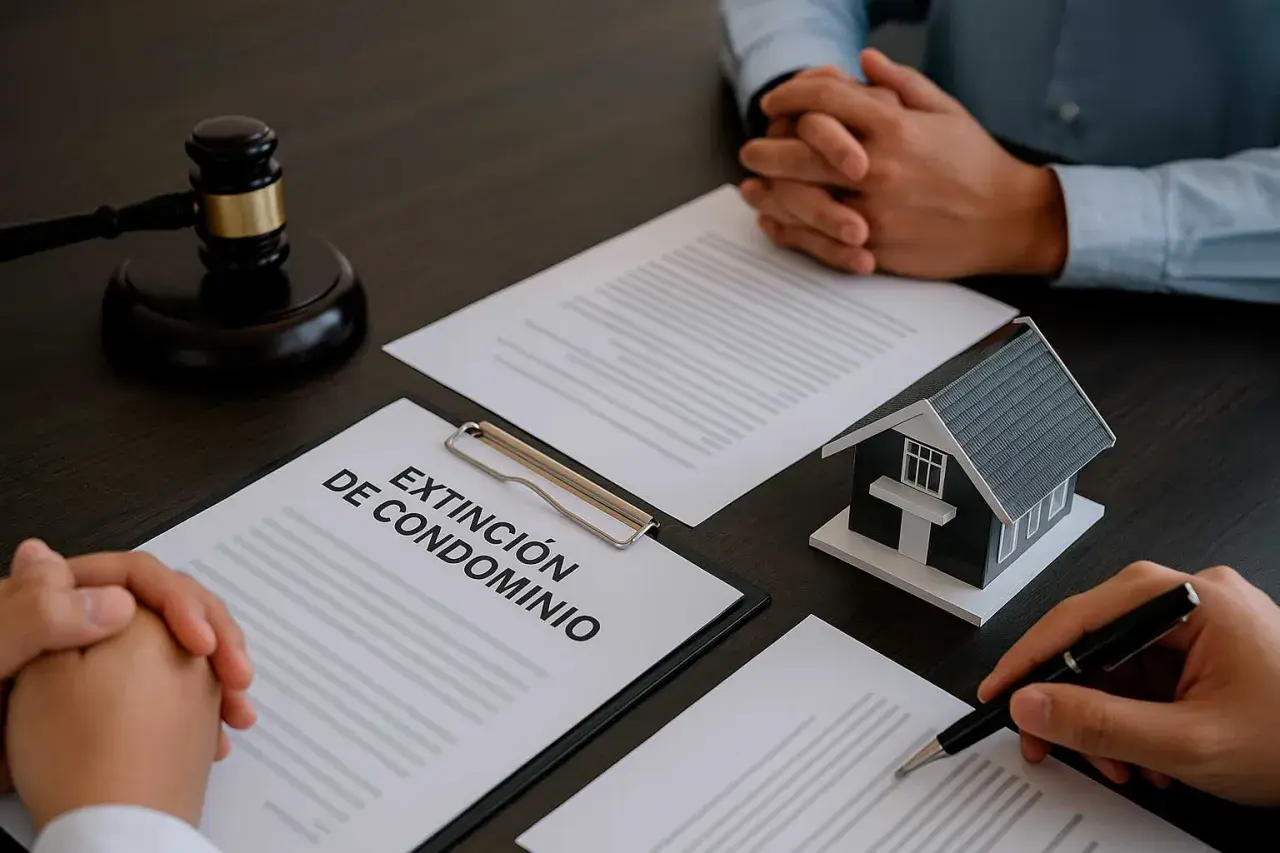 Mesa con mazo de juez, maqueta de casa y documentos sobre la extinción de condominio.