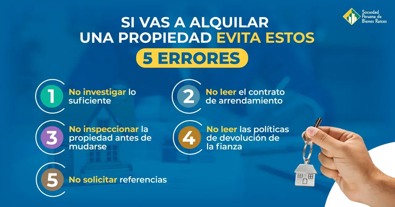 Evita 5 errores al alquilar: no investigar, no leer el contrato de arrendamiento (¡descarga una plantilla contrato de alquiler gratis!), no inspeccionar, no leer políticas de fianza y no pedir referencias.