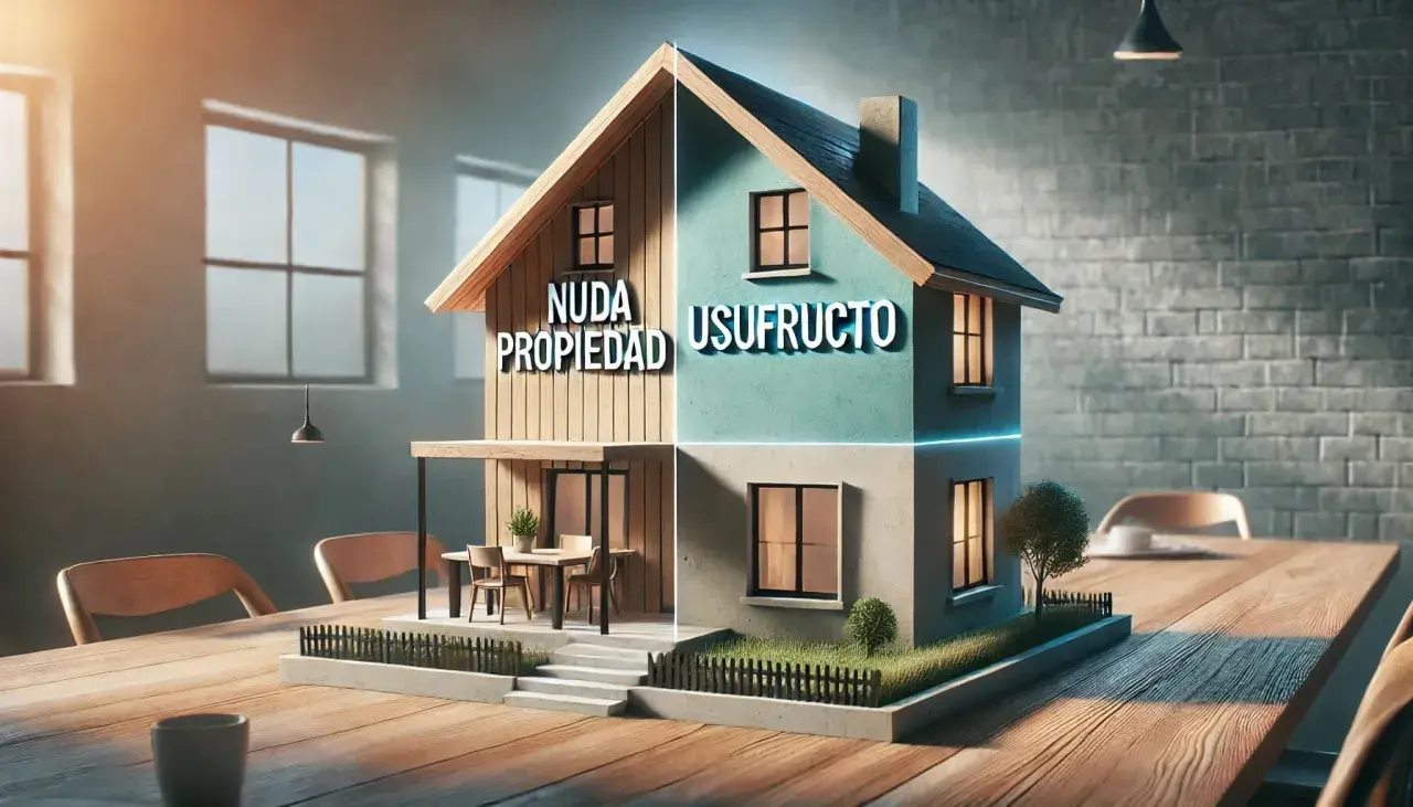 Maqueta de casa dividida: "Nuda Propiedad" en madera, "Usufructo" en turquesa. Ejemplos visuales de derechos inmobiliarios.