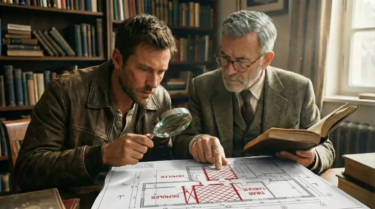 Dos hombres estudian un plano, uno con lupa, el otro con un libro. El arte 24 lau inspira su investigación en la biblioteca.