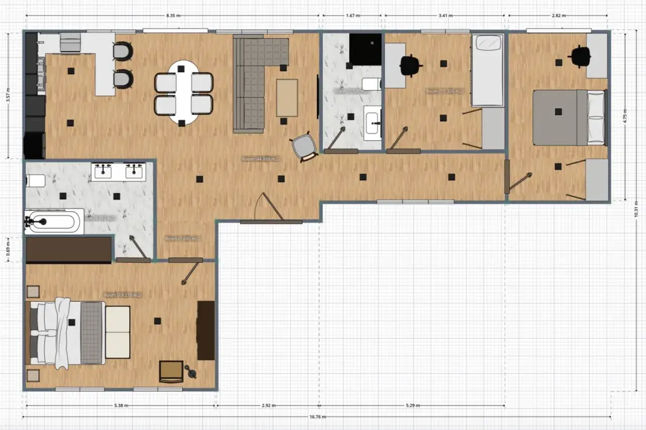 Plano de vivienda con distribución de habitaciones, cocina, baños y medidas. Ideal para conseguir planos de una vivienda y visualizar espacios.