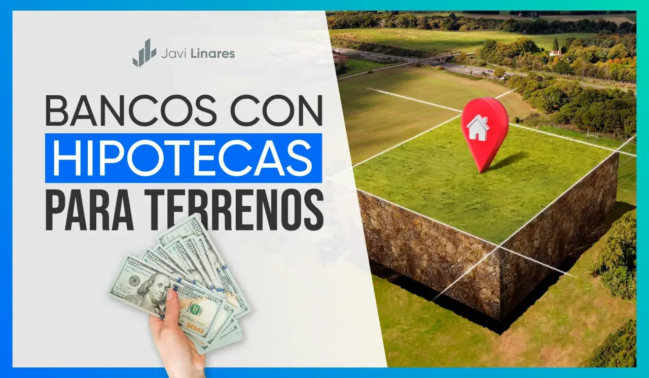 Bancos con hipotecas para terrenos. Un terreno con un marcador de casa y fajos de billetes de cien dólares.