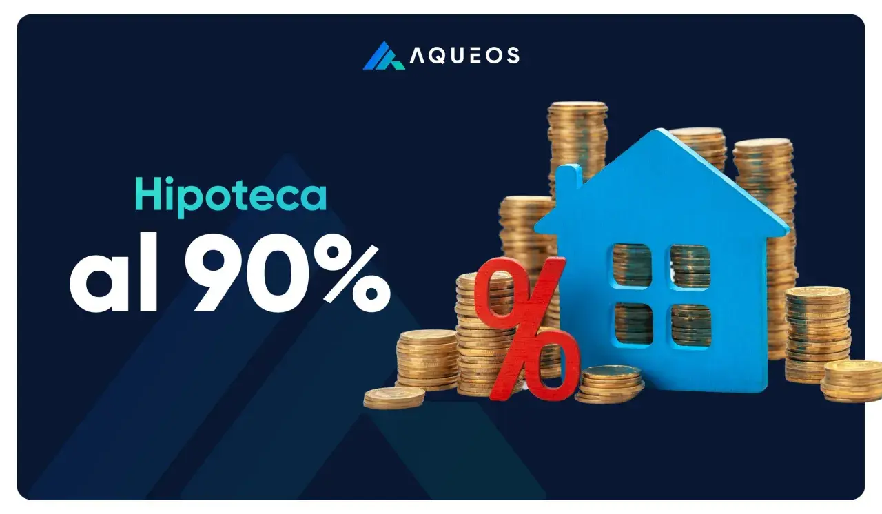 Hipoteca al 90% con casa azul y pilas de monedas de oro. ¡Oportunidad para conseguir hipotecas mas del 80!