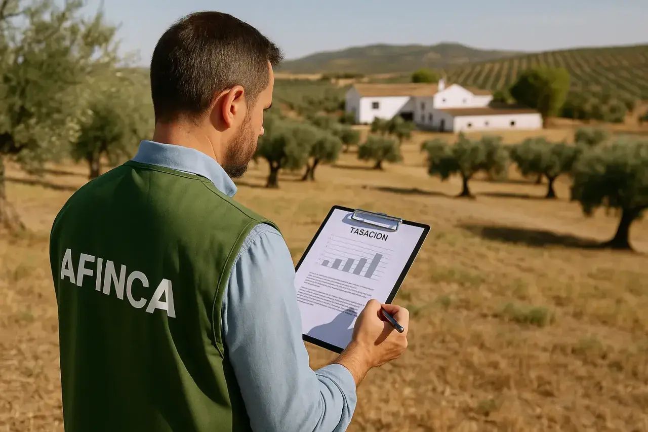 Profesional revisa informe de tasación de terreno rústico con olivos y casas de campo al fondo.