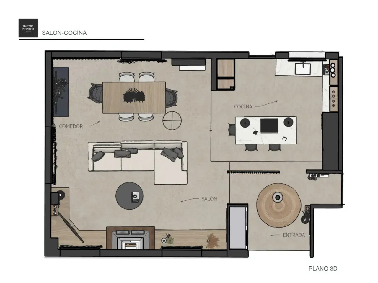 Plano 3D de salón-cocina con comedor, chimenea y entrada. Ideal para saber como conseguir los planos de mi casa.