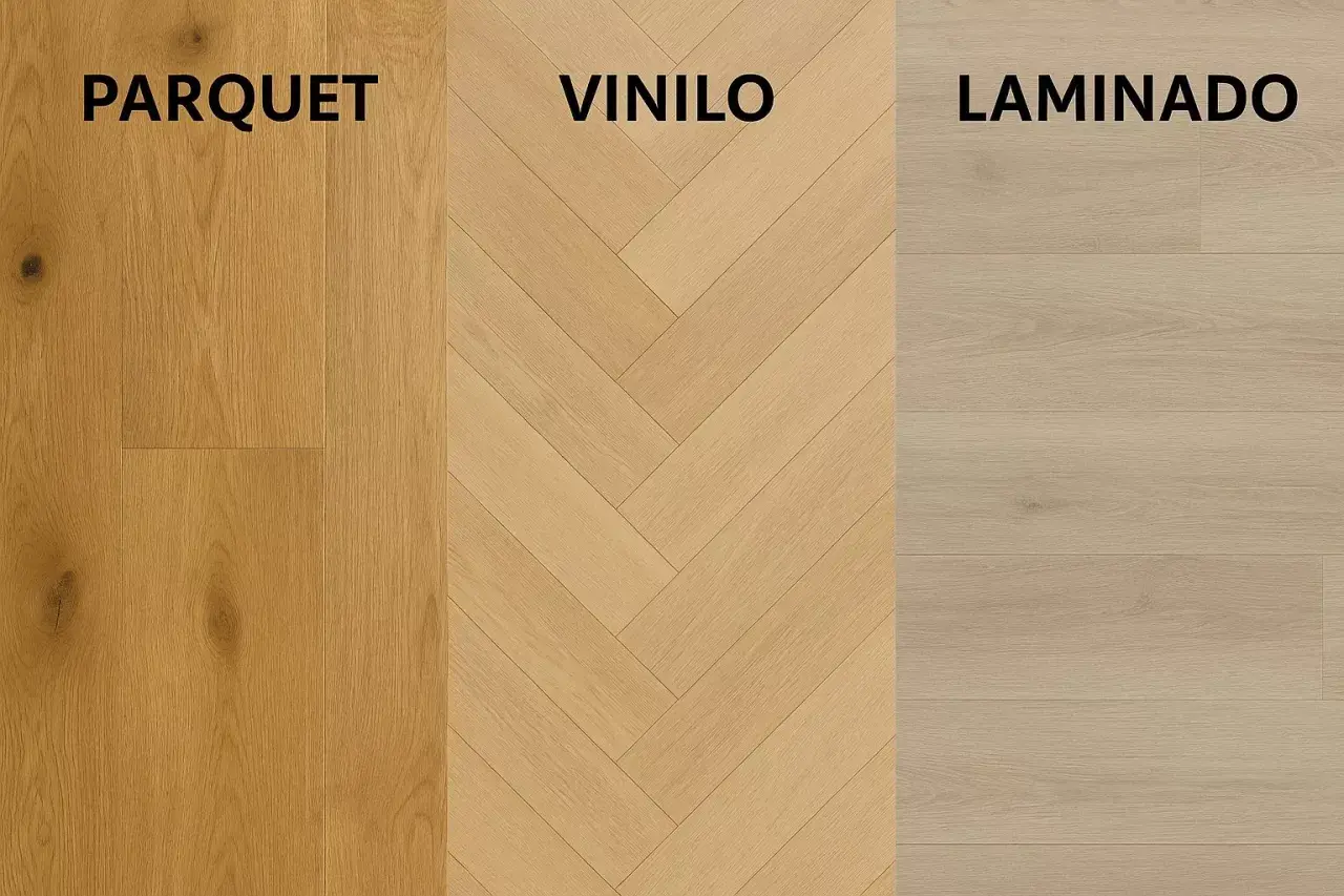 Comparativa visual: parquet clásico, vinilo en espiga y laminado. Muestra la diferencia entre tarima y parquet.