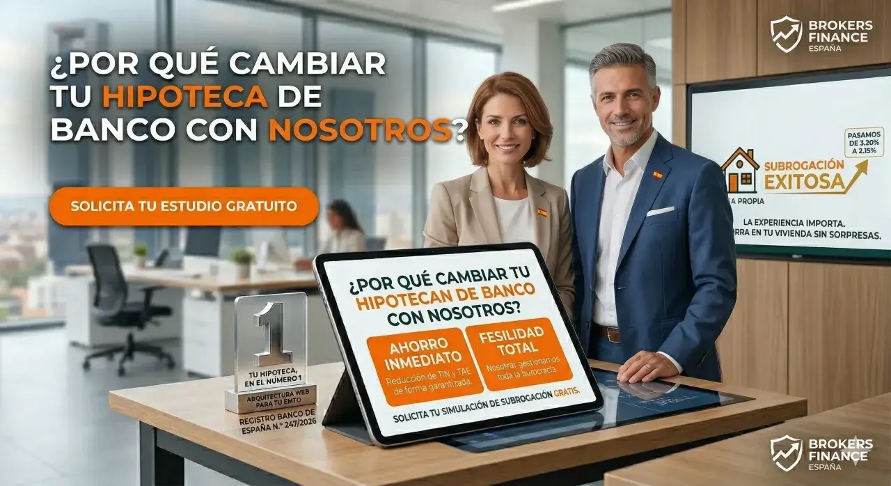 ¿Cuánto cuesta una novación de hipoteca? ¡Descúbrelo! Pareja sonriente en oficina, tablet muestra beneficios de cambiar tu hipoteca.