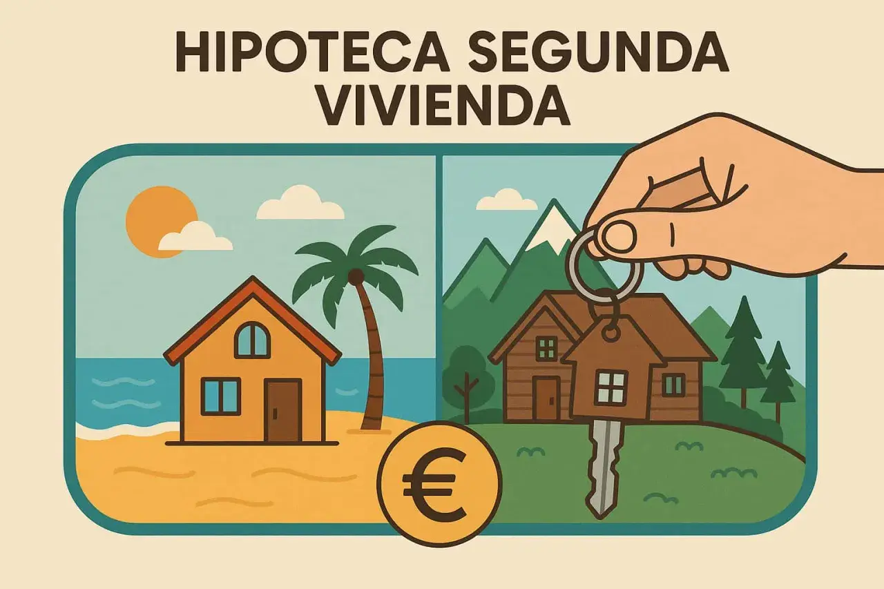 Unas llaves con forma de casa, símbolo de euro y dos casas: una en la playa y otra en la montaña. ¡Tu hipoteca segunda vivienda te espera!