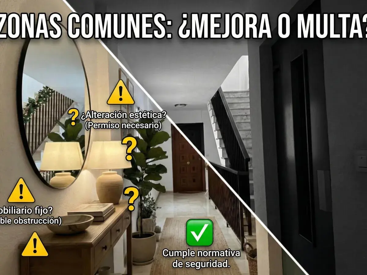 Pasillo con espejo, lámparas y plantas. ¿Alteración estética? ¿Mobiliario fijo? ¿Cumple normativa de seguridad?