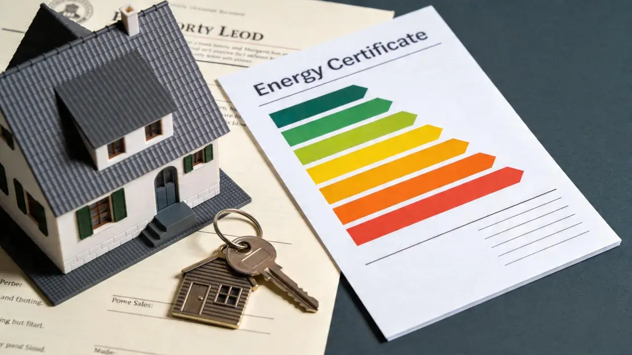 Maqueta de vivienda, llaves y certificado energético. Documentos que podrían influir en el valor catastral de la vivienda.