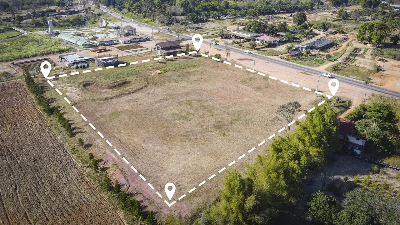 Un terreno es un bien inmueble. Vista aérea de un gran terreno vacío delimitado por puntos y líneas discontinuas, con casas y vegetación alrededor.