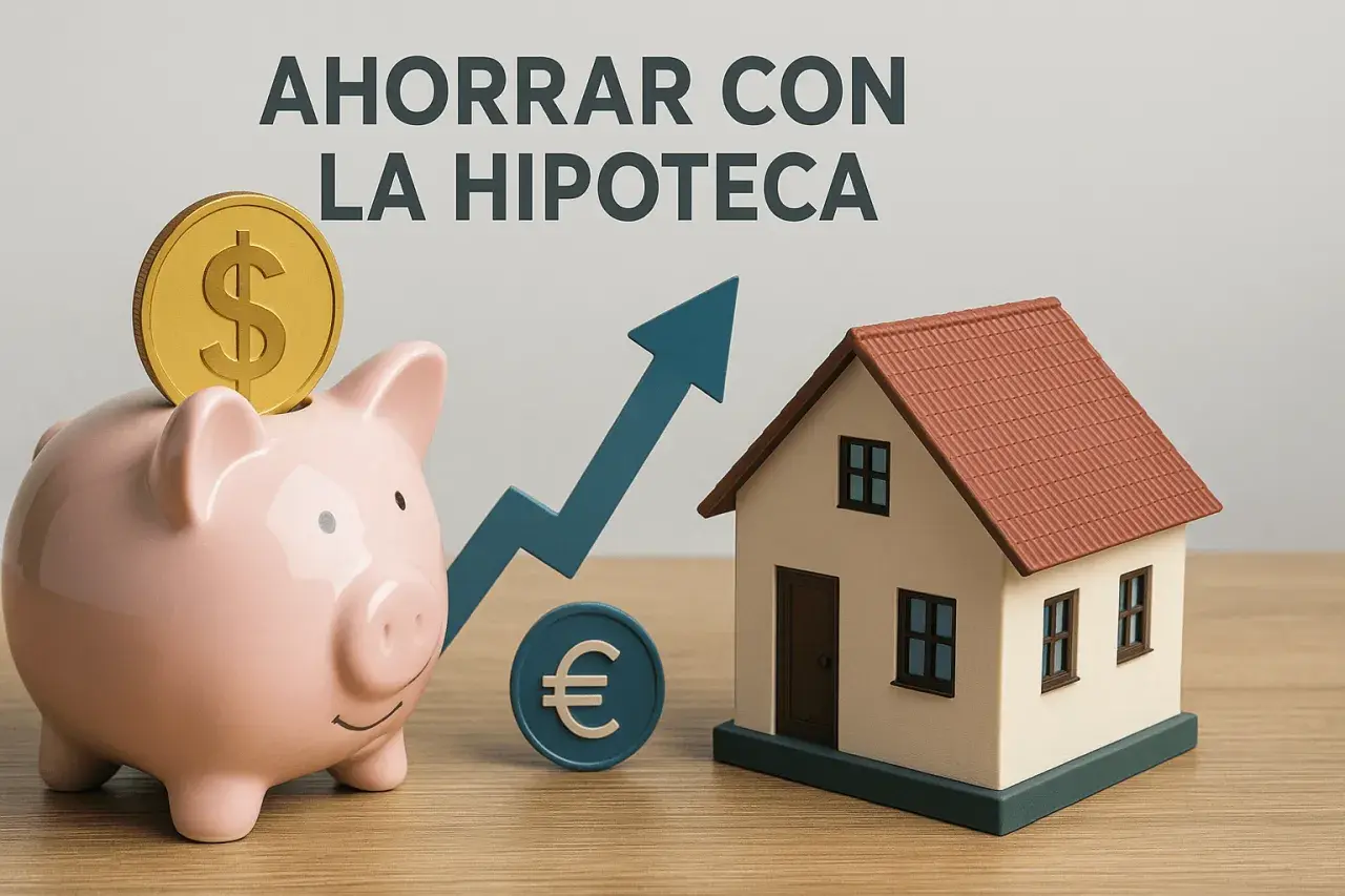 Hucha con moneda de dólar, flecha ascendente y casa. Descubre cuanto desgrava la hipoteca y ahorra.