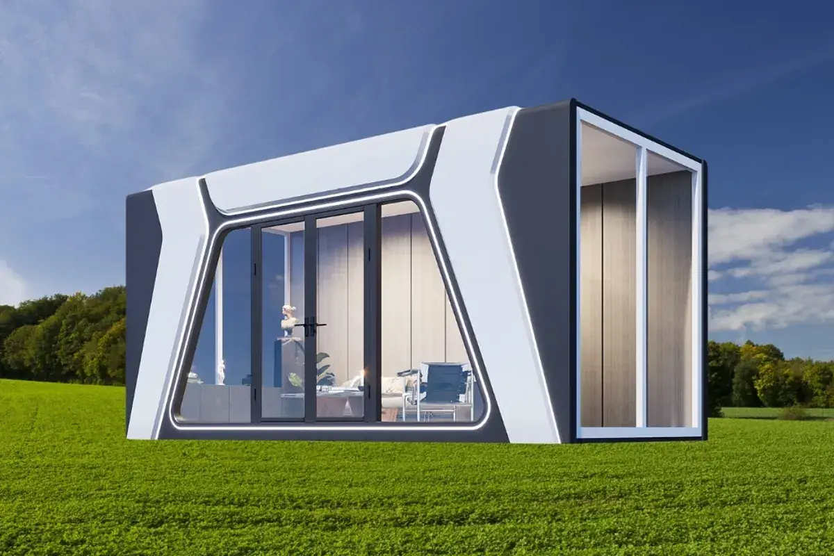 Moderna casa cápsula con grandes ventanales, ubicada en un campo verde bajo un cielo azul.