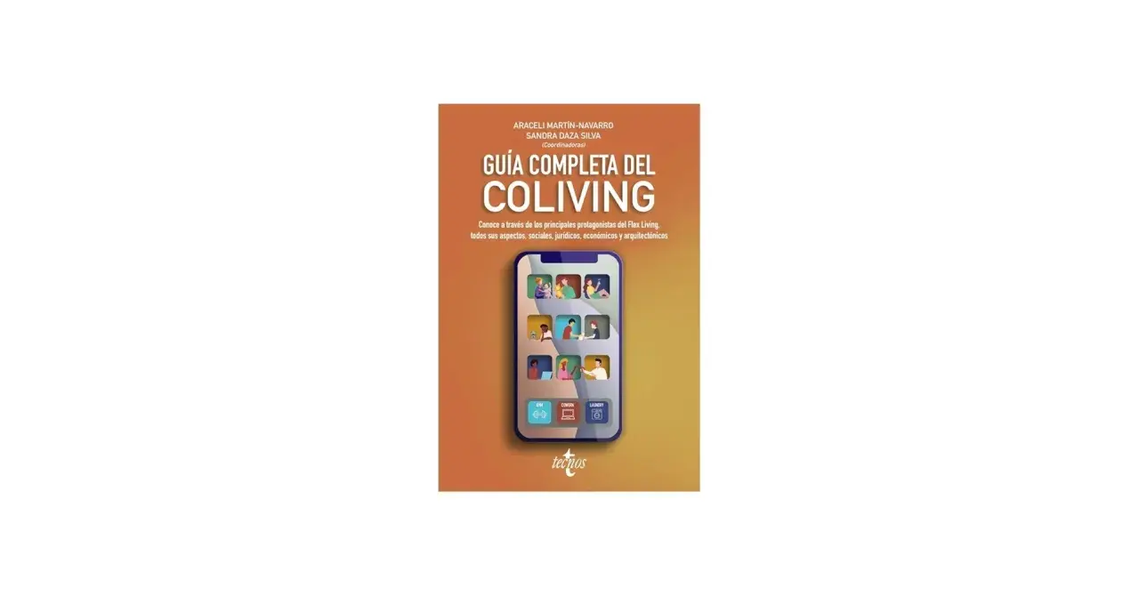 Guía completa del coliving que es, con imágenes de personas y servicios como gimnasio, coworking y lavandería en un smartphone.