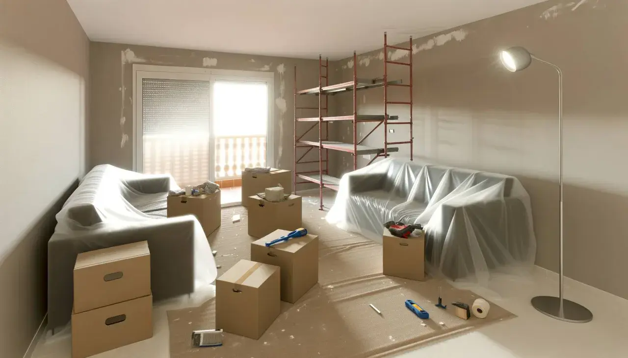 Habitación en reforma, con sofás cubiertos, cajas de mudanza y andamio. Se prepara para cumplir el articulo 22 lau.