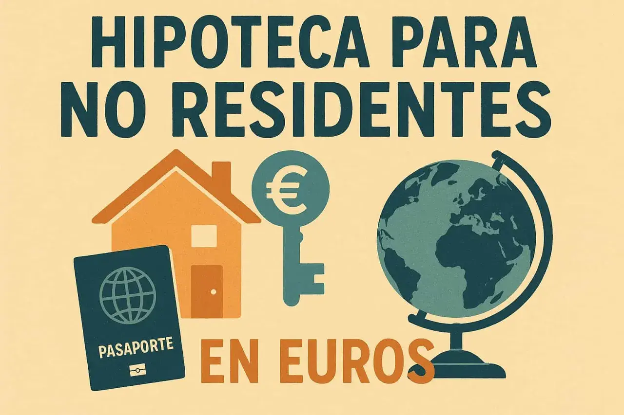 Pasaporte, casa y globo terráqueo junto a una llave con símbolo de euro. Hipoteca para no residentes en euros.