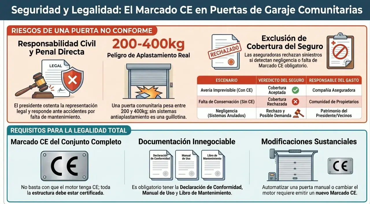 Infografía sobre seguridad y legalidad de puertas de garaje. Detalla riesgos, exclusiones de seguro y requisitos para el marcado CE, enfatizando la importancia del mantenimiento.