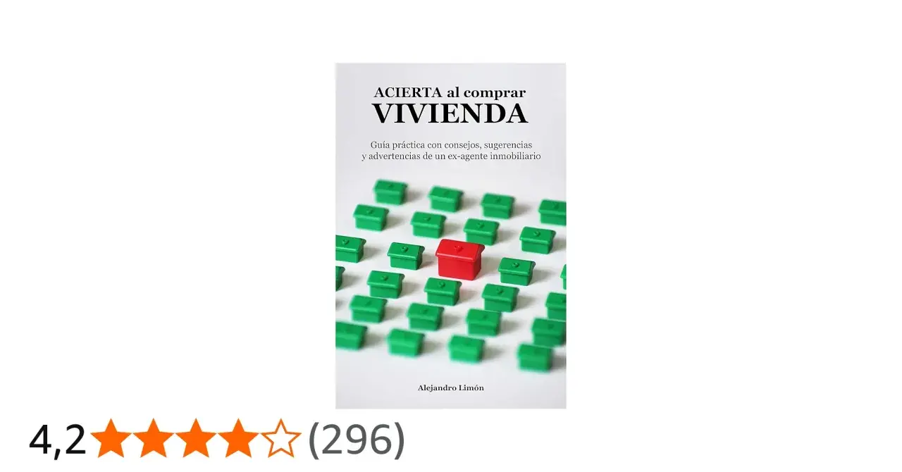 Guía "Acierta al comprar vivienda" con consejos para los pasos a seguir. Una casa roja destaca entre muchas verdes.