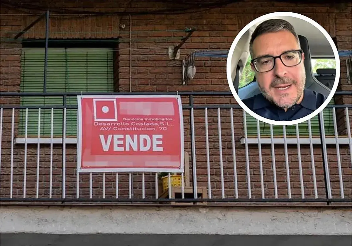 Hombre sonriente en un círculo sobre un cartel rojo de "SE VENDE" de servicios inmobiliarios, indicando oportunidades de inversiones inmobiliarias.