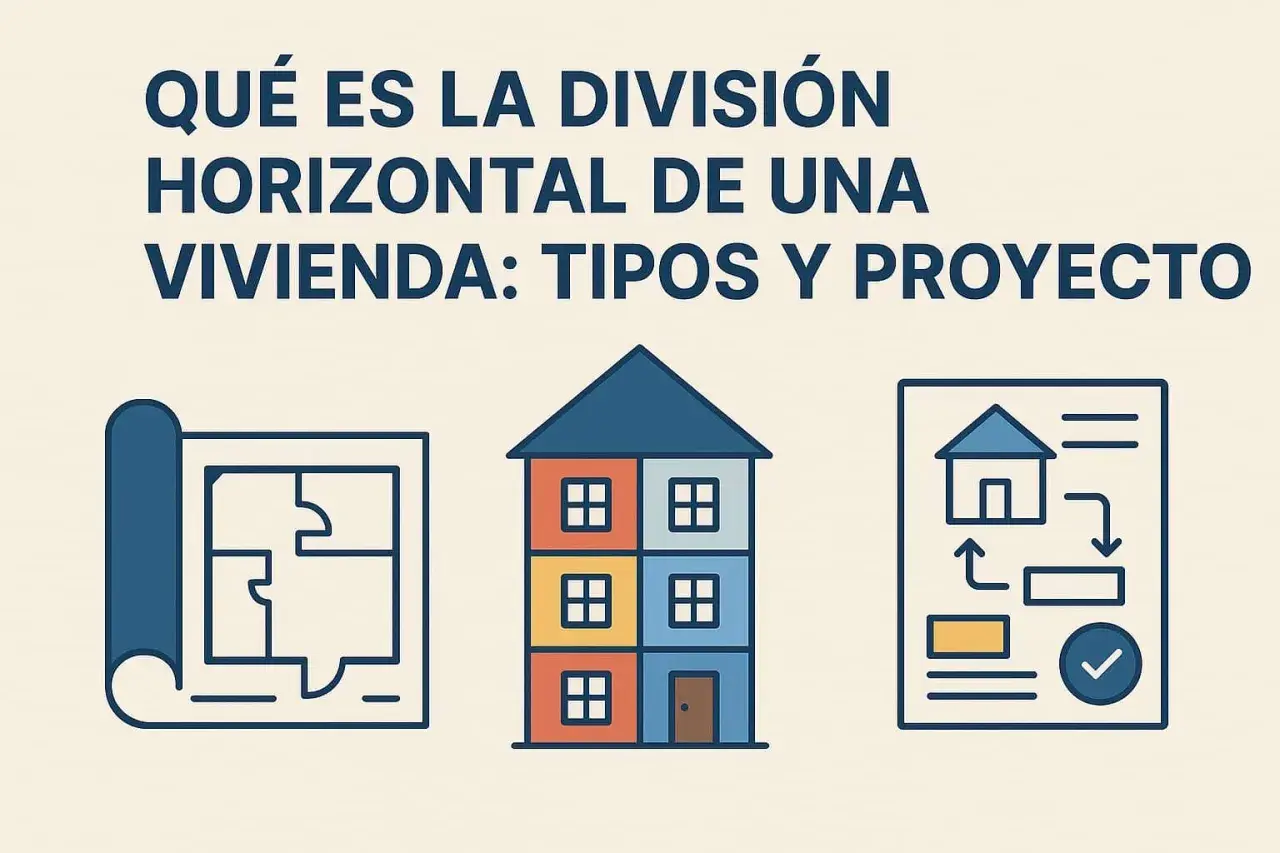 Ilustración sobre la división horizontal de una vivienda, mostrando planos, una casa por pisos y un diagrama de proyecto.
