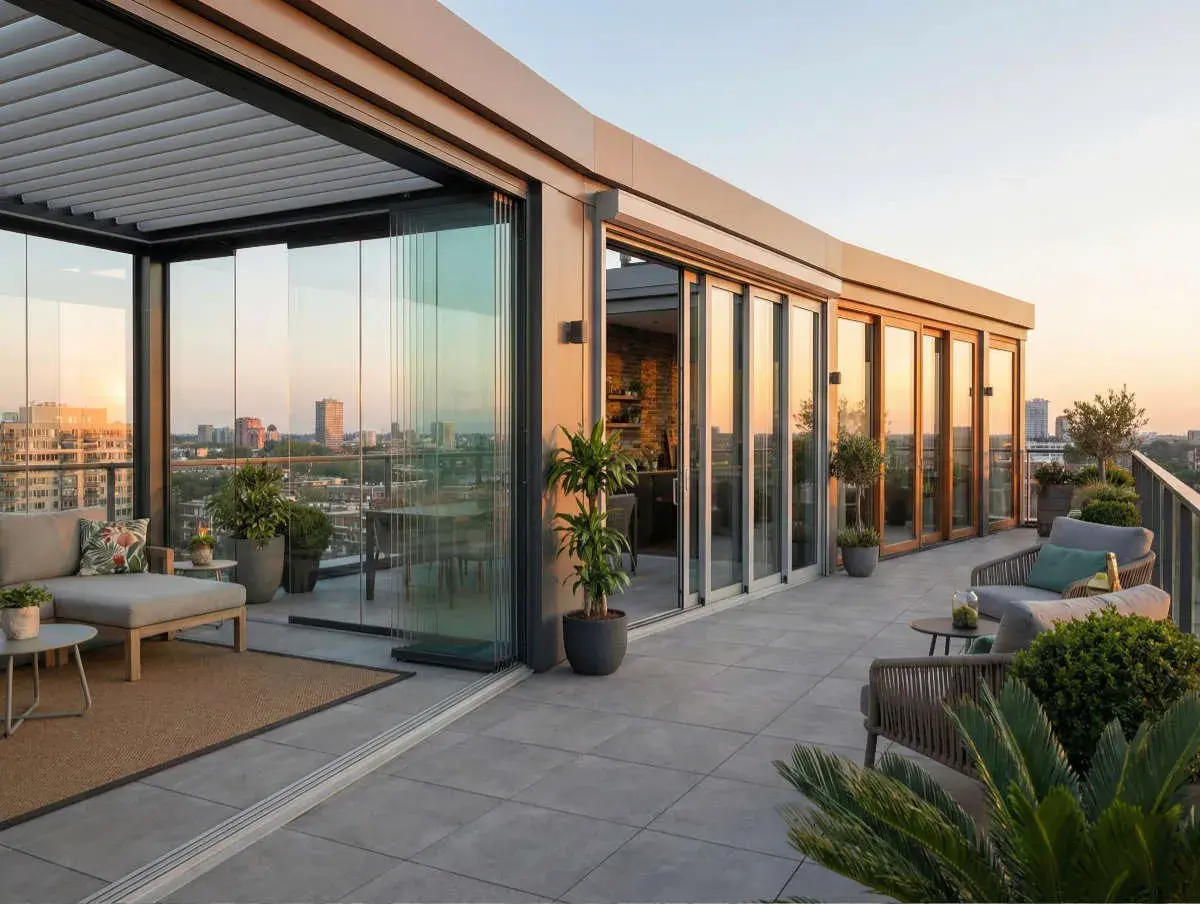 Terraza moderna con varios tipos de cerramientos exteriores: acristalamiento corredero y puertas de madera, vistas urbanas al atardecer.