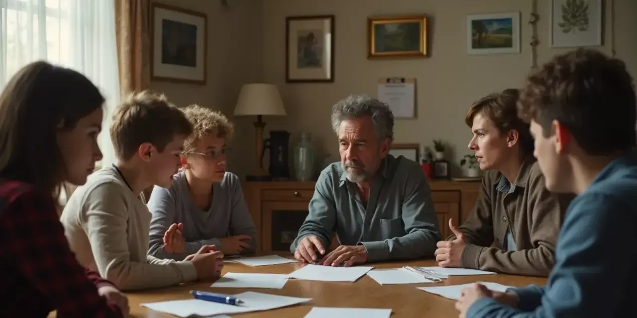 Familia reunida discutiendo cómo vender casa heredada hermanos.