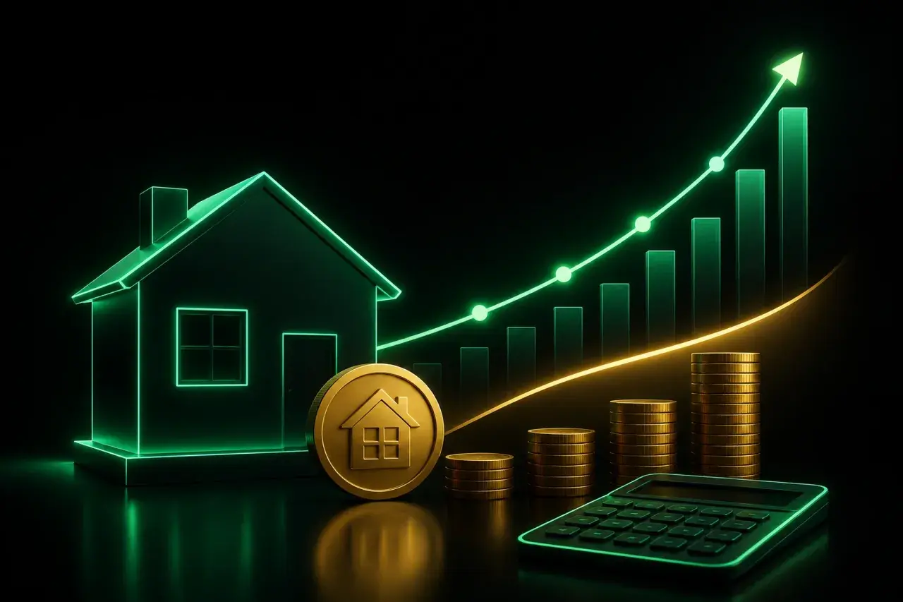 Casa, monedas y calculadora con gráfico ascendente. Los bce tipos de interes influyen en la inversión inmobiliaria.