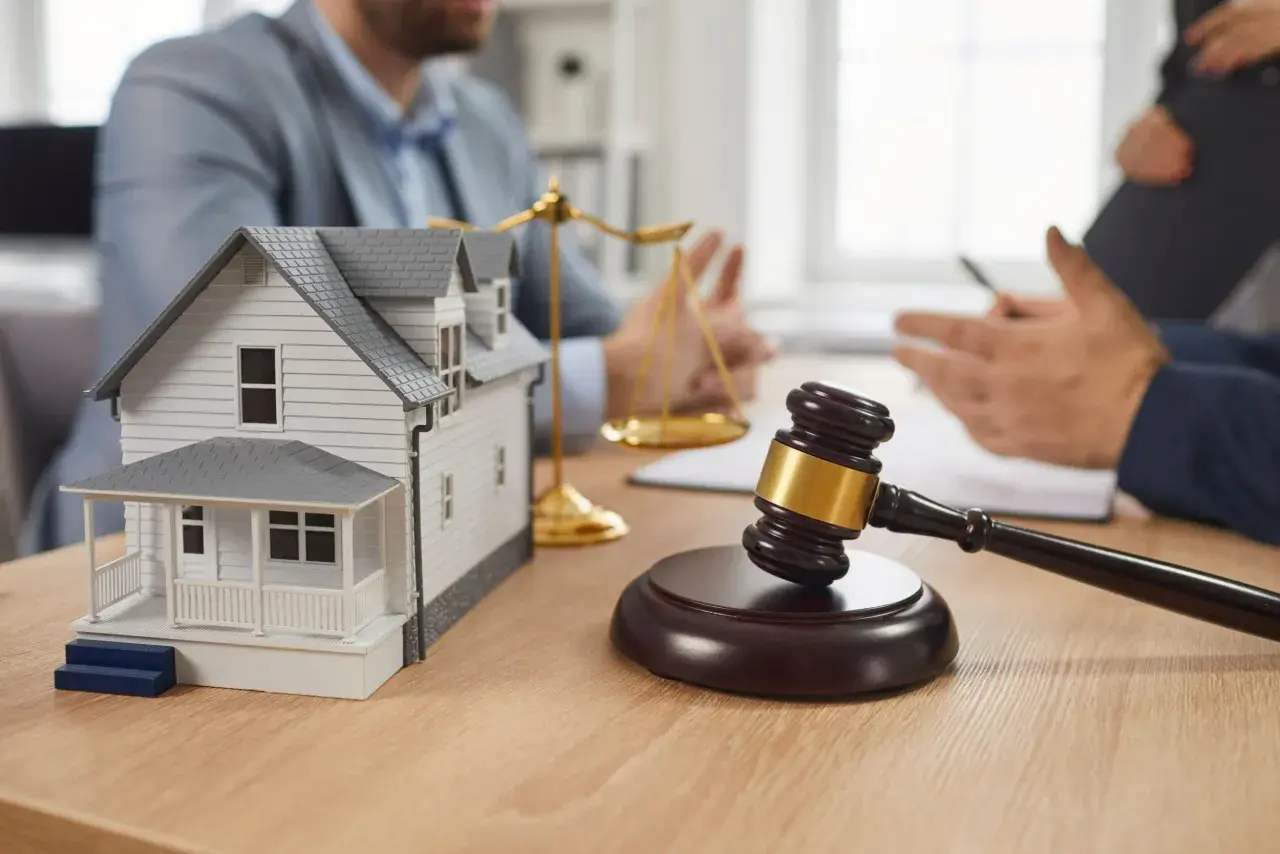 Maqueta de casa, mazo de juez y balanza de la justicia. Se discute la nueva ley de vivienda cuando entra en vigor.