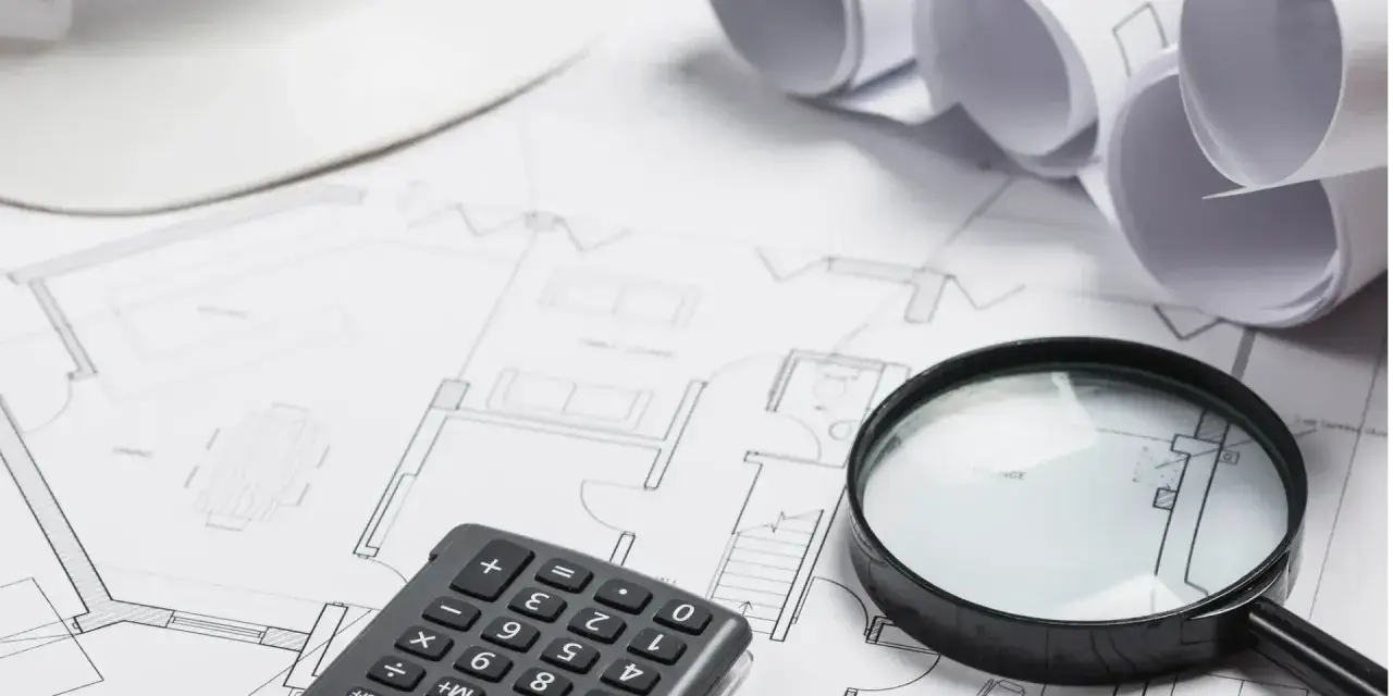 Planos de construcción, lupa, calculadora y casco. Se investiga si no existe valor de referencia catastral.