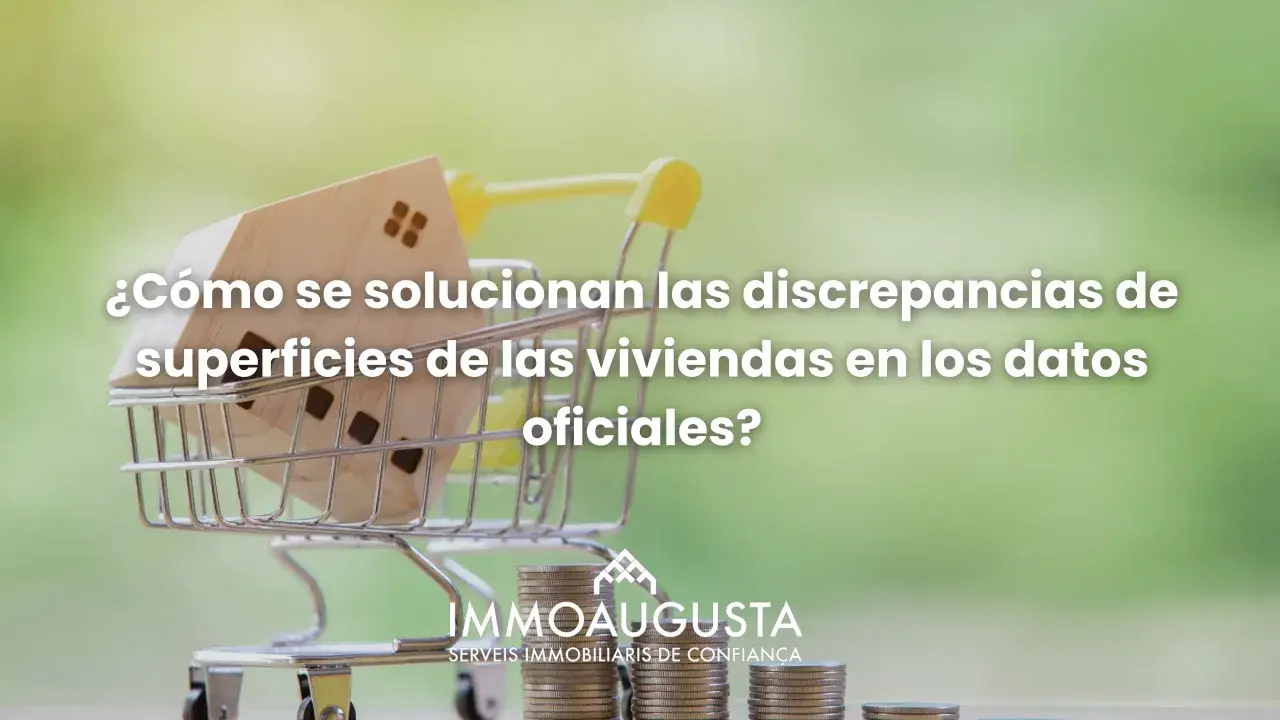 Una casa de madera en un carrito de compras, con monedas apiladas. El texto pregunta cómo solucionar discrepancias de superficies en viviendas, sugiriendo un expediente de exceso de cabida.