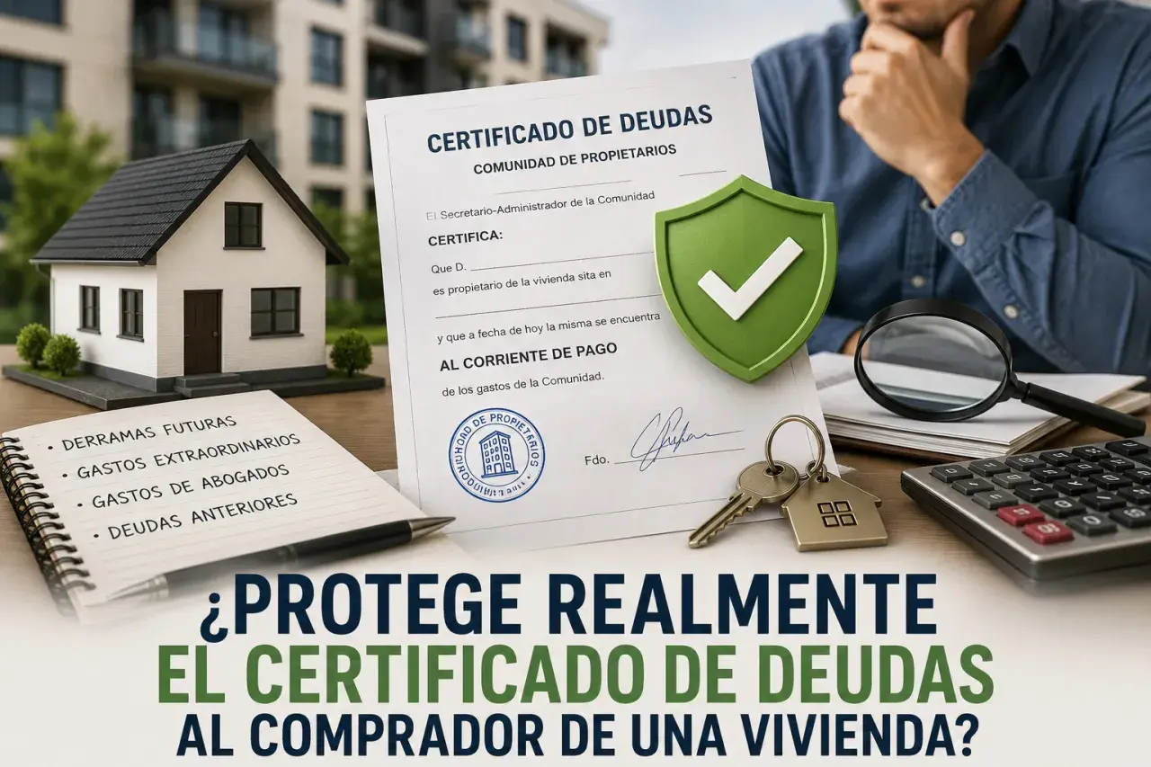 Certificado de deudas y libreta con gastos de vivienda en Madrid. Un comprador evalúa los gastos de compra vivienda Madrid.