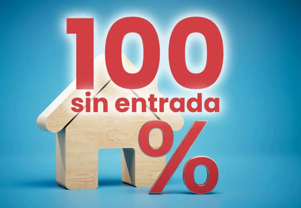 Casa de madera con números rojos "100 sin entrada" y símbolo de porcentaje. Descubre cómo conseguir una hipoteca al 100.