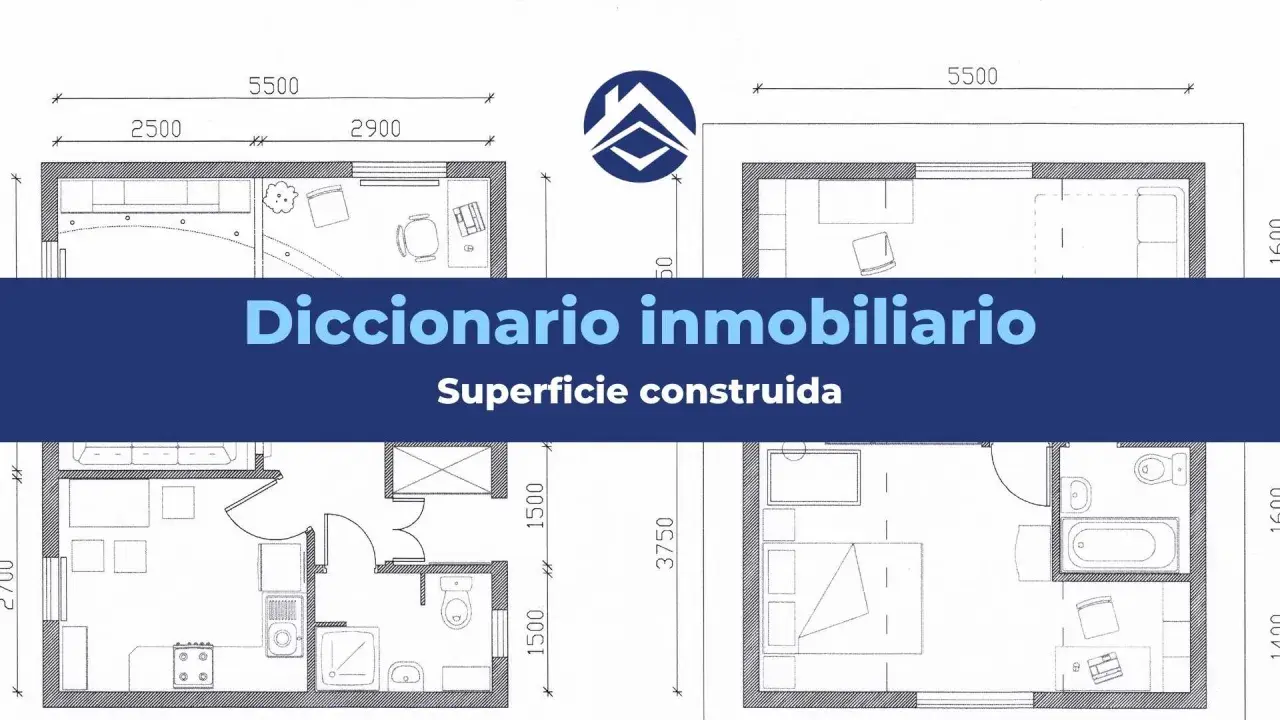 Planos de distribución de viviendas con medidas. El texto indica "Diccionario inmobiliario" y "Superficie construida".