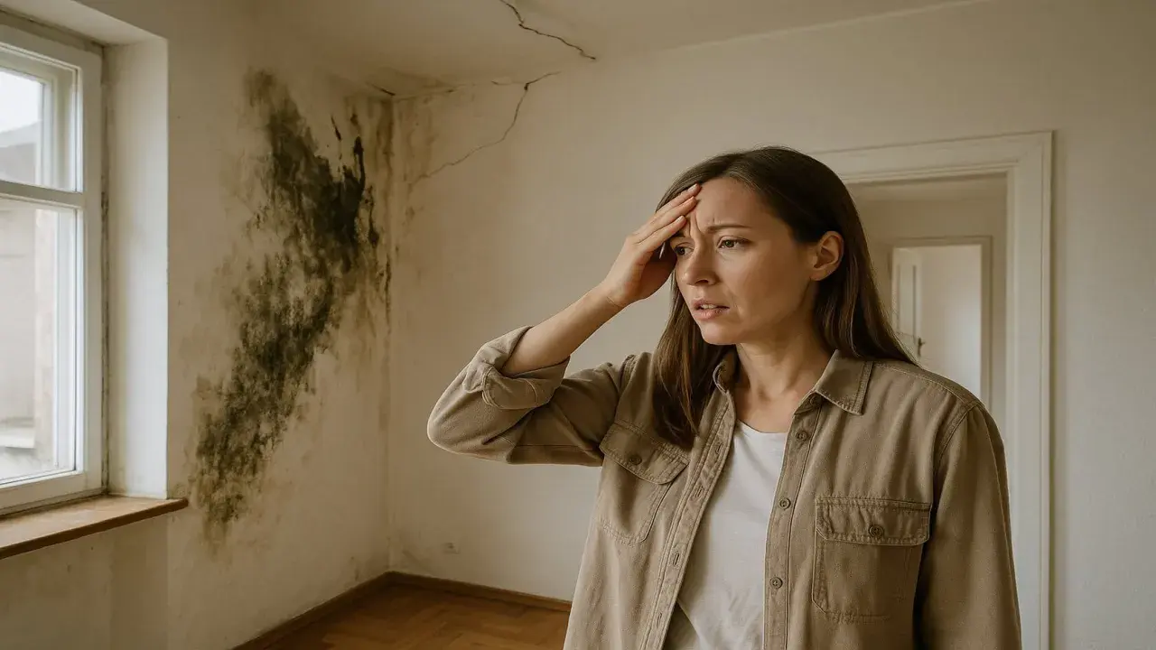 Mujer angustiada mira pared con moho y grietas. ¡La inmobiliaria me ha engañado!