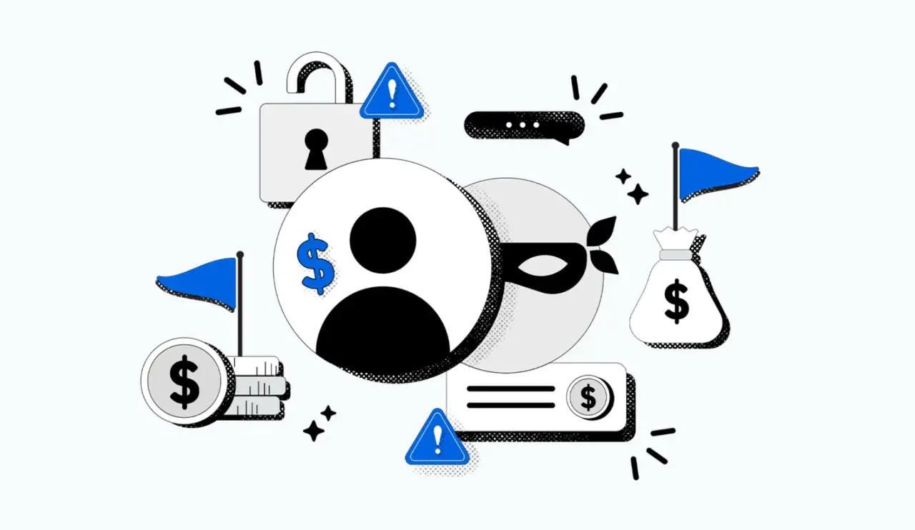 Ilustración de un ladrón enmascarado acechando a un usuario con un símbolo de dólar, rodeado de candados, banderas, bolsas de dinero y advertencias. Representa los problemas de multipropiedad y estafas.