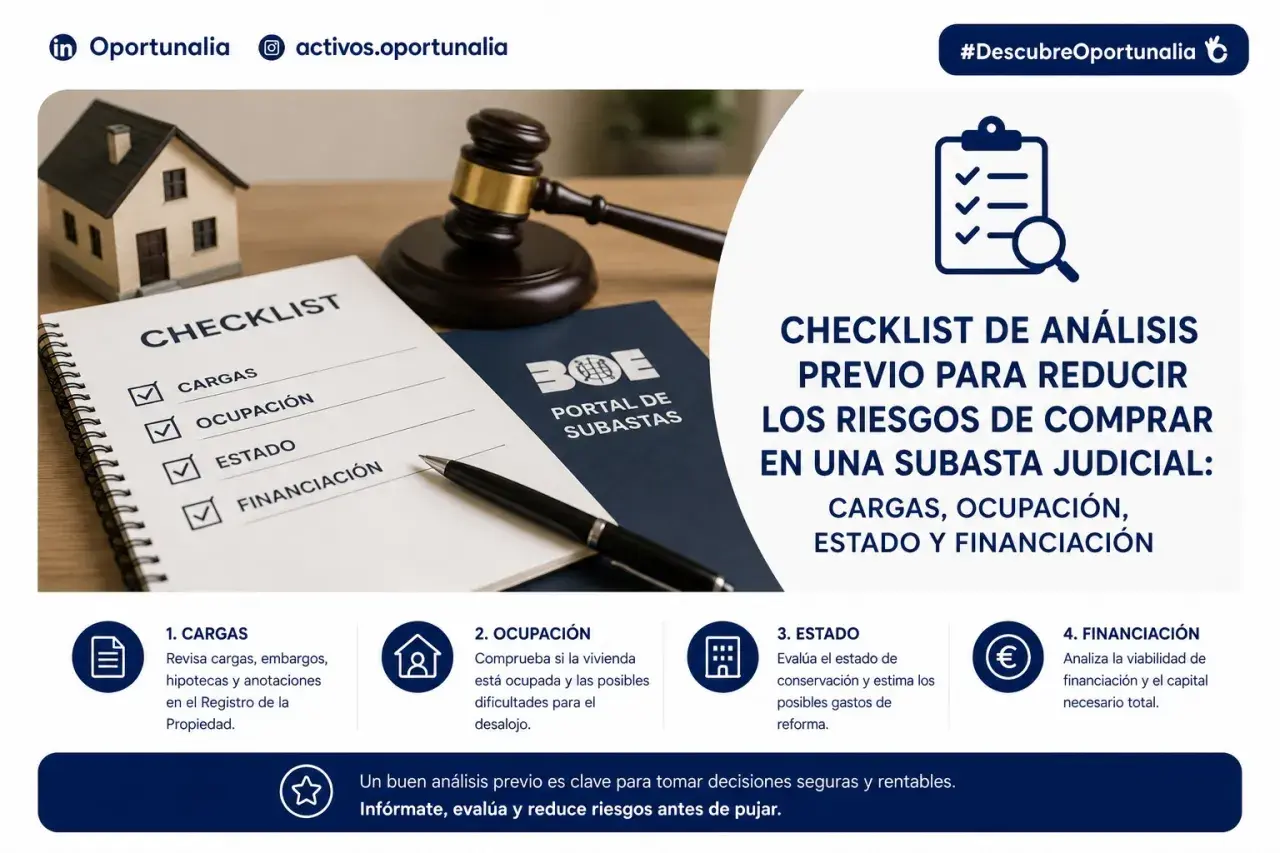 Checklist para reducir riesgos al comprar en subasta judicial: cargas, ocupación, estado y financiación. Permite saber si se puede pujar por debajo del valor de subasta.