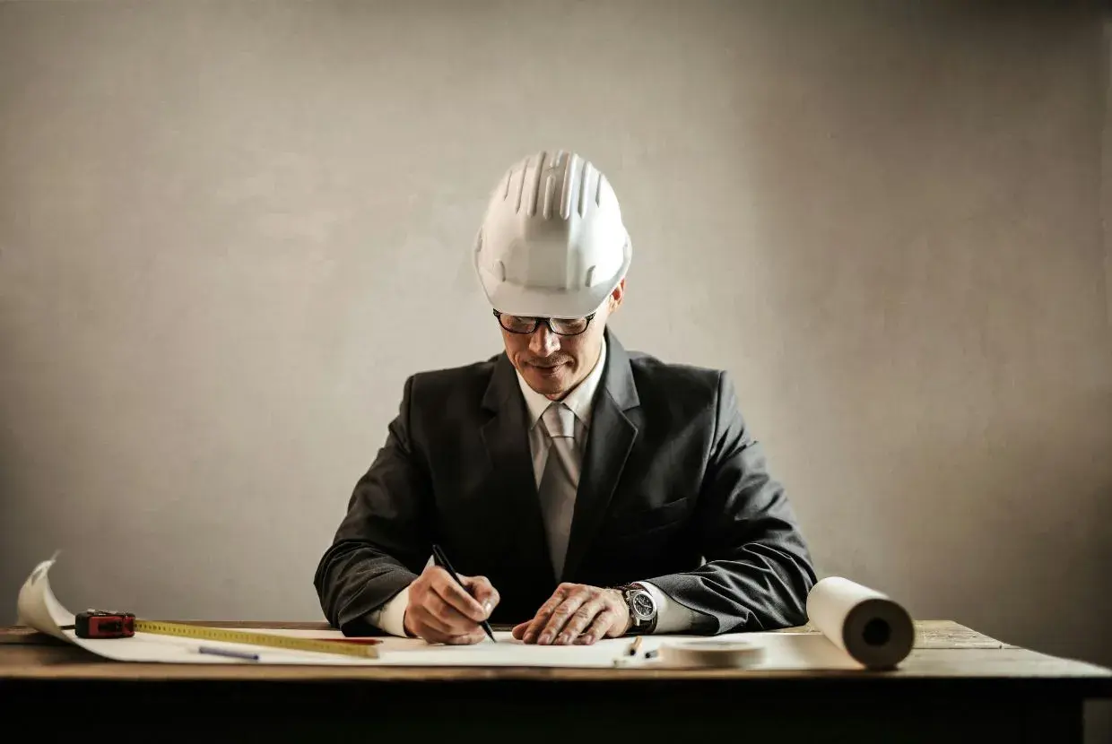 Un aparejador que es, con casco y traje, dibuja planos en su escritorio.