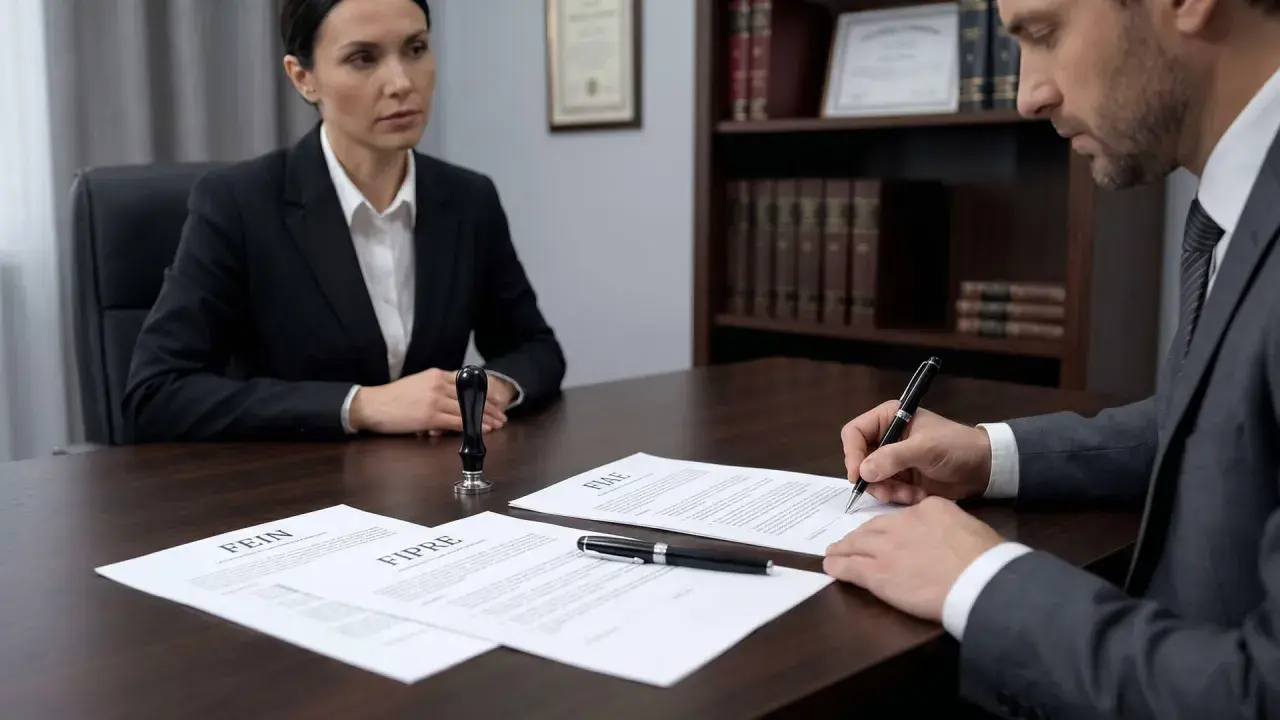 Un hombre firma un documento en una oficina, mientras una mujer observa. El documento tiene la palabra "FEIN" visible, indicando el momento en que se firma la fein.