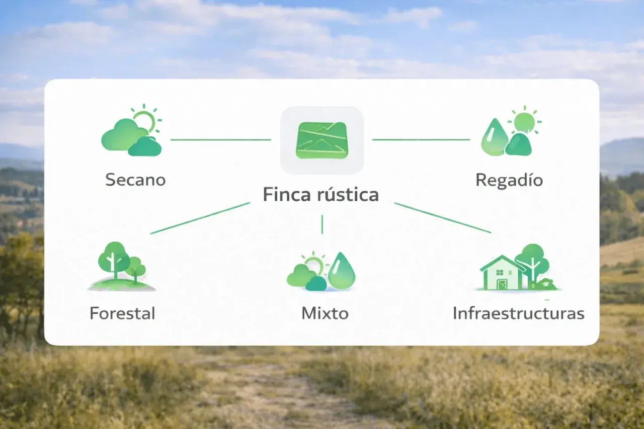 Diagrama que muestra cómo tasar finca rústica: secano, regadío, forestal, mixto e infraestructuras.