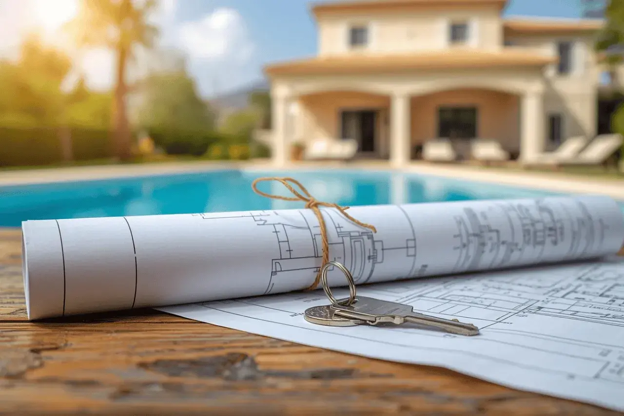 Planos de una casa con piscina y llaves. Un sueño hecho realidad, como obtener una nota simple registro propiedad gratis.