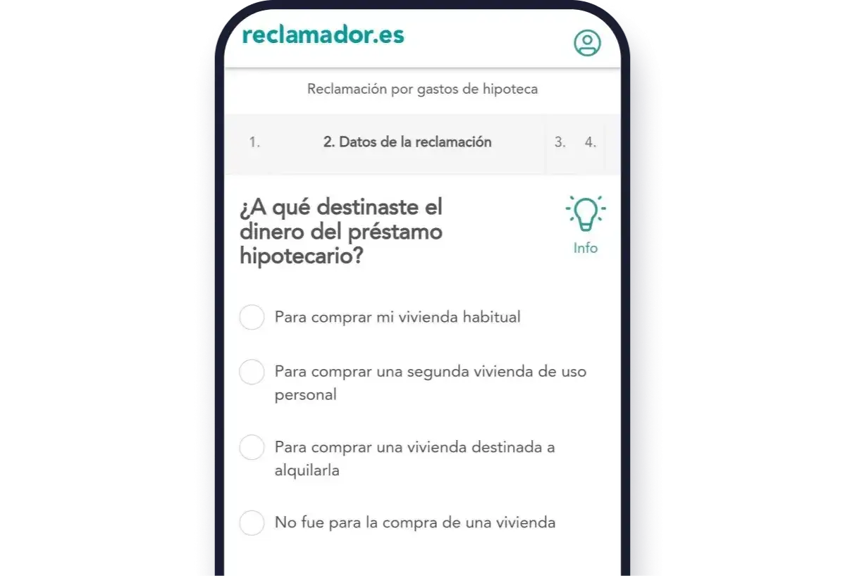 Formulario para reclamar gastos hipoteca BBVA. Pregunta sobre el destino del dinero del préstamo hipotecario.