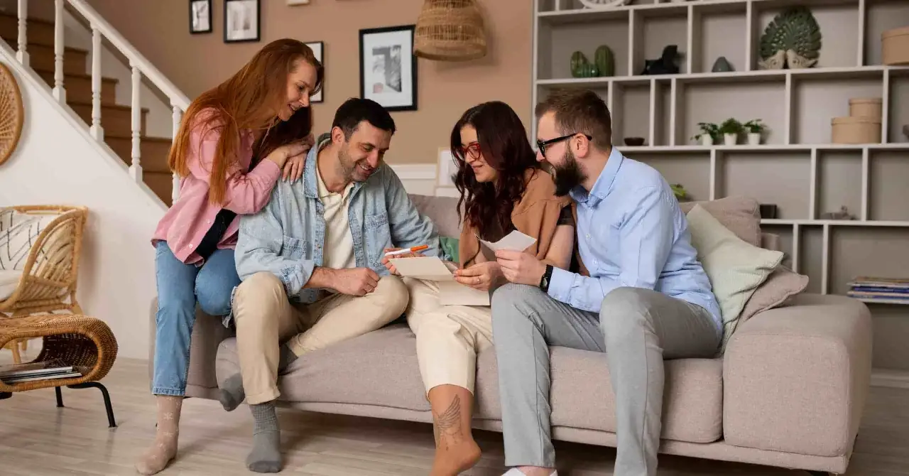 Hermanos discutiendo cómo vender casa heredada, revisando papeles en el sofá.