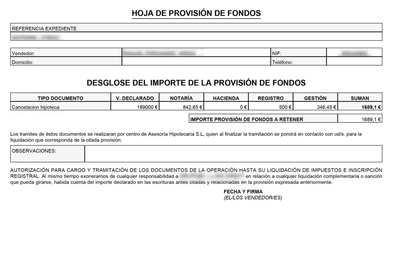 Hoja de provisi&oacute;n de fondos para cancelaci&oacute;n de hipoteca. Detalla importes de notar&iacute;a, registro y gesti&oacute;n, sumando 1689,1 &euro;.