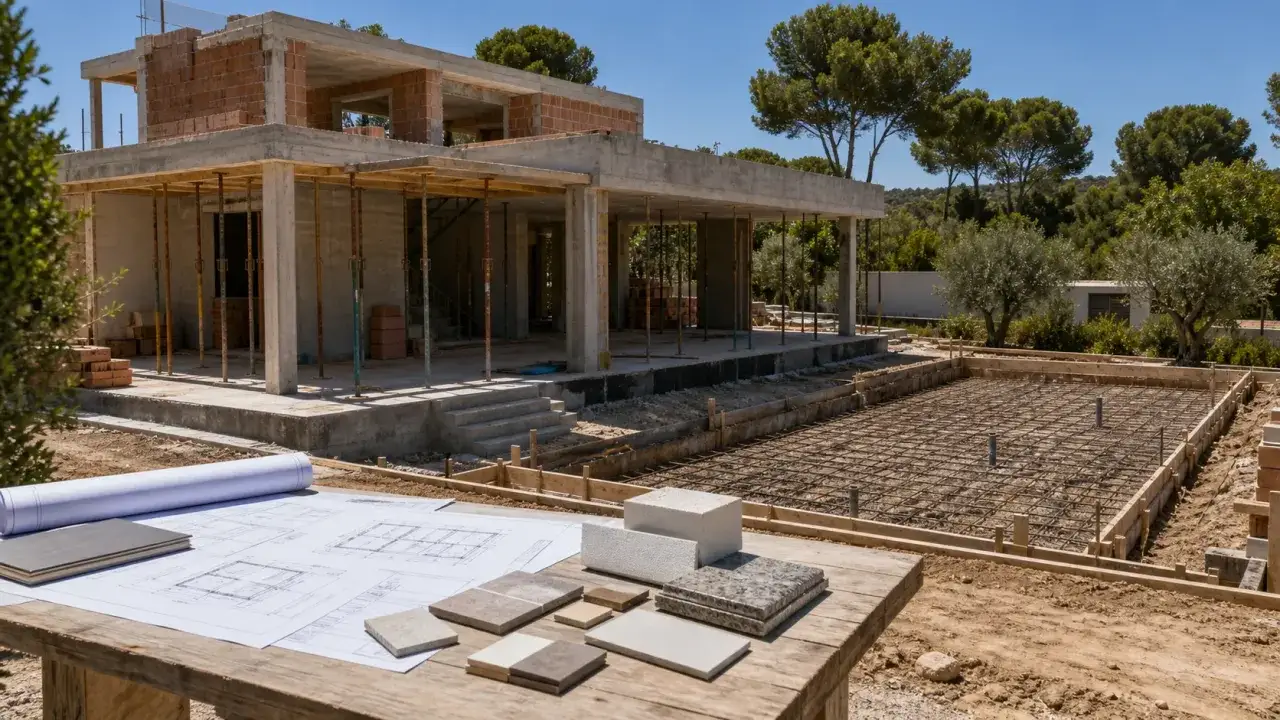 Planos y materiales sobre una mesa de madera, listos para construir casa. La estructura de hormigón y ladrillo avanza, con la cimentación preparada.