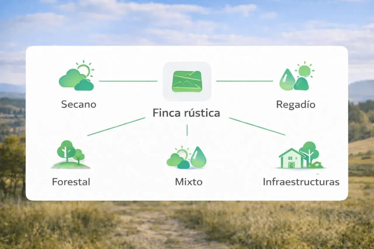 Diagrama que muestra c&oacute;mo tasar finca r&uacute;stica: secano, regad&iacute;o, forestal, mixto e infraestructuras.